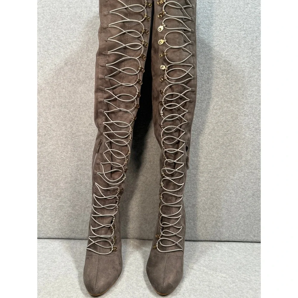Gray Suede Wide-Calf Lace-Up Over The Knee Boots Size 8 OTK Heels Pointed‎ Toe